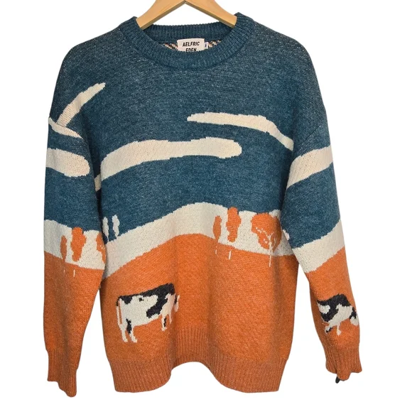 Aelfric Eden Scenic Crewneck Sweater in Blue, Cream & Orange Size M - Picture 2 of 11